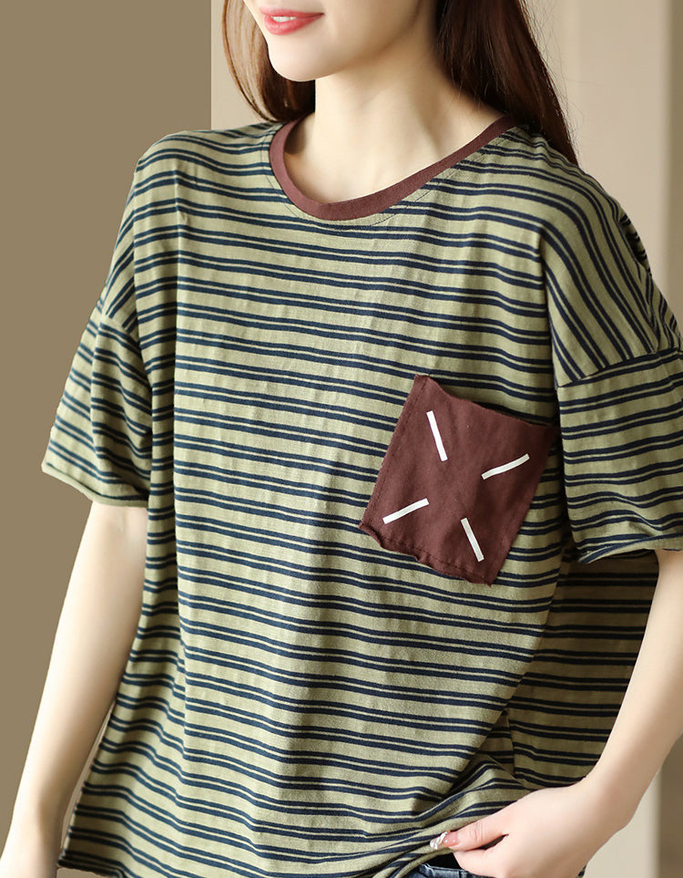 Vintage Striped Loose Fit Cotton Linen T-Shirt