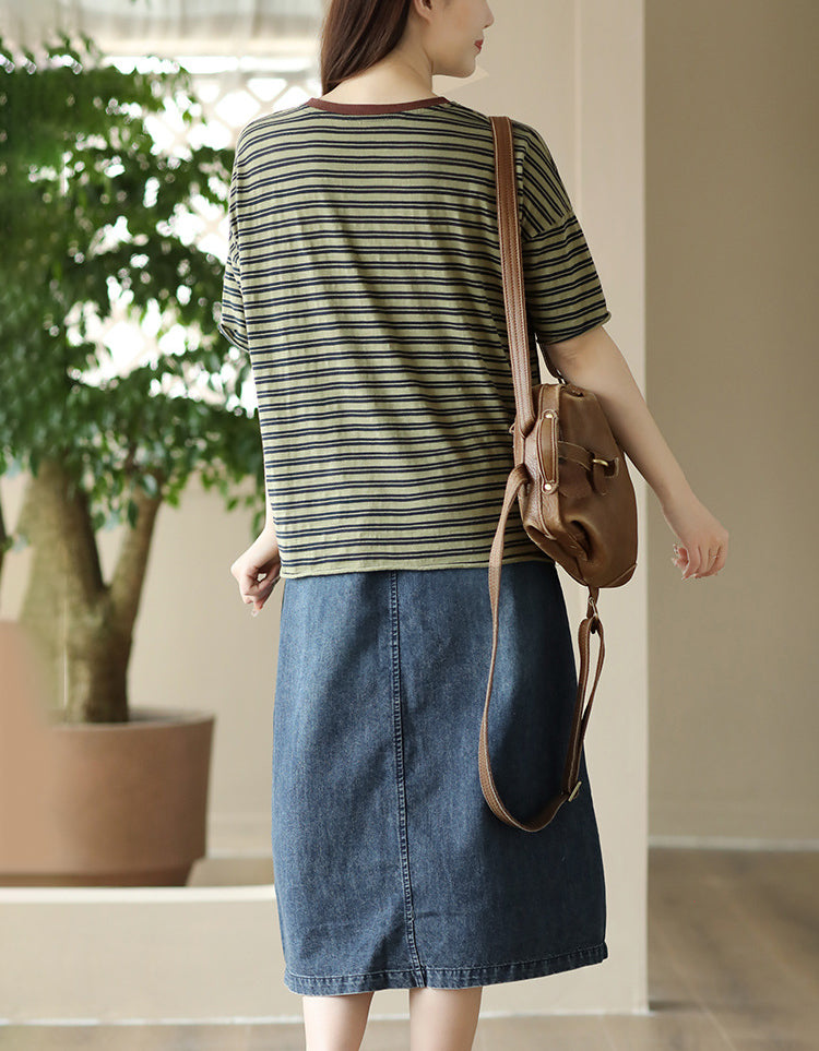 Vintage Striped Loose Fit Cotton Linen T-Shirt