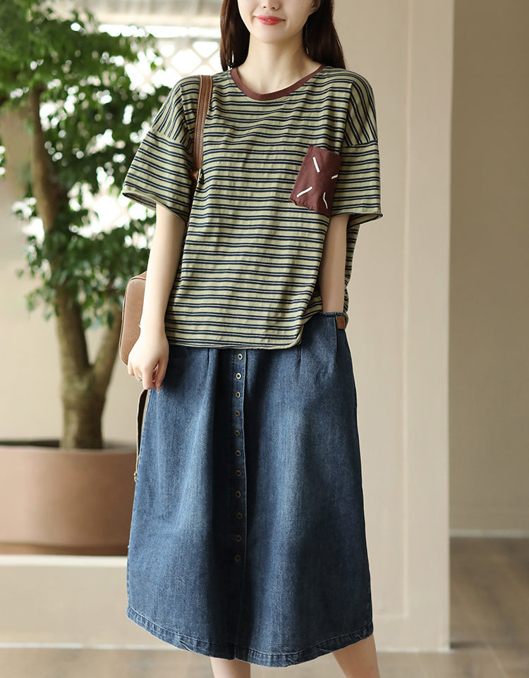 Vintage Striped Loose Fit Cotton Linen T-Shirt