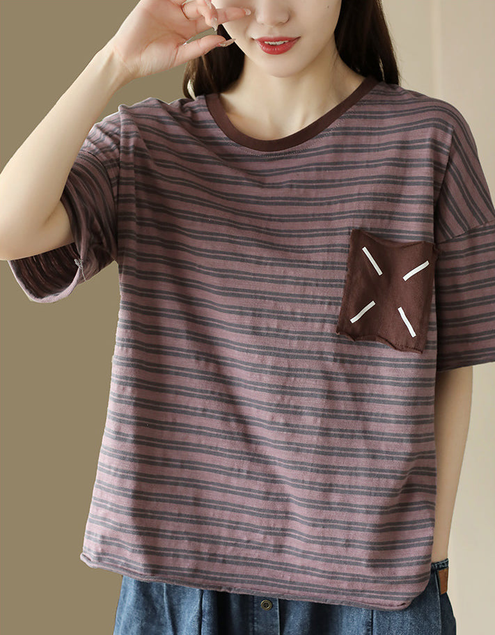 Vintage Striped Loose Fit Cotton Linen T-Shirt