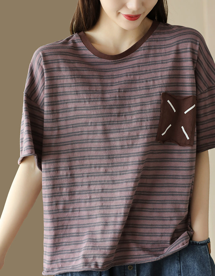 Vintage Striped Loose Fit Cotton Linen T-Shirt