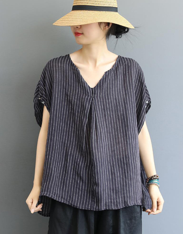 Vintage Striped V-Neck Cotton Linen Blouse