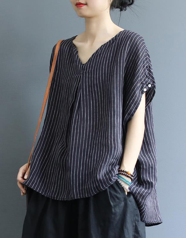 Vintage Striped V-Neck Cotton Linen Blouse