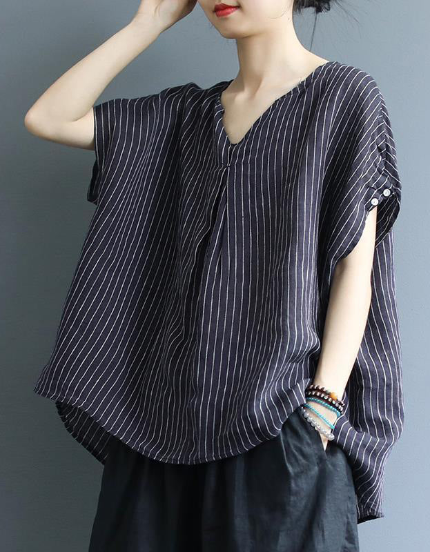 Vintage Striped V-Neck Cotton Linen Blouse