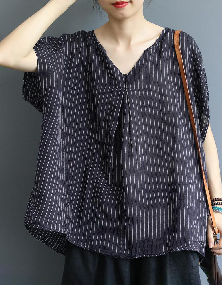 Vintage Striped V-Neck Cotton Linen Blouse