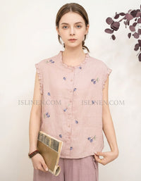 Pink Linen Sleeveless Top Floral Embroidery Ruffle Trim