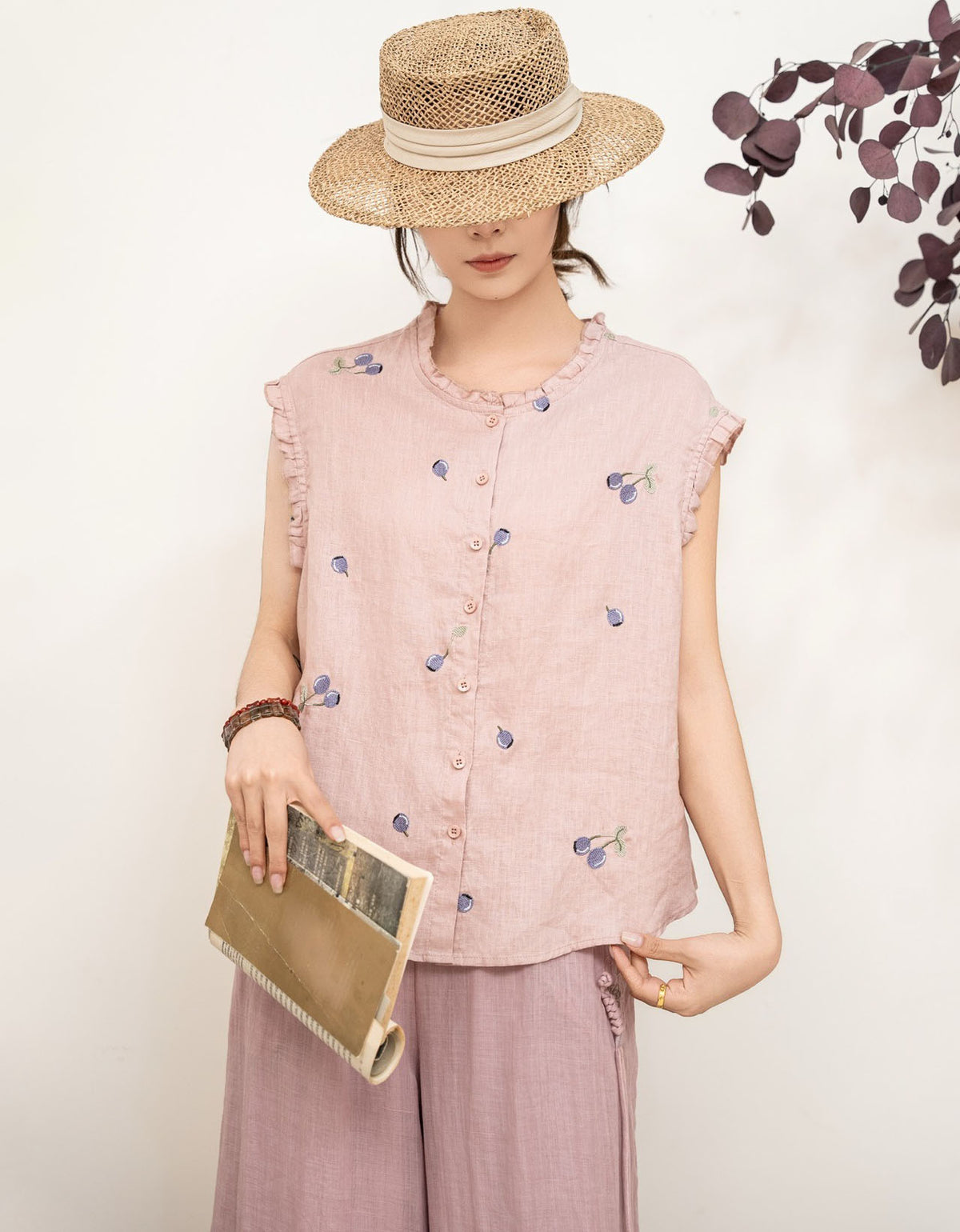 Summer Pink Sleeveless Linen Blouse Embroidered Detail