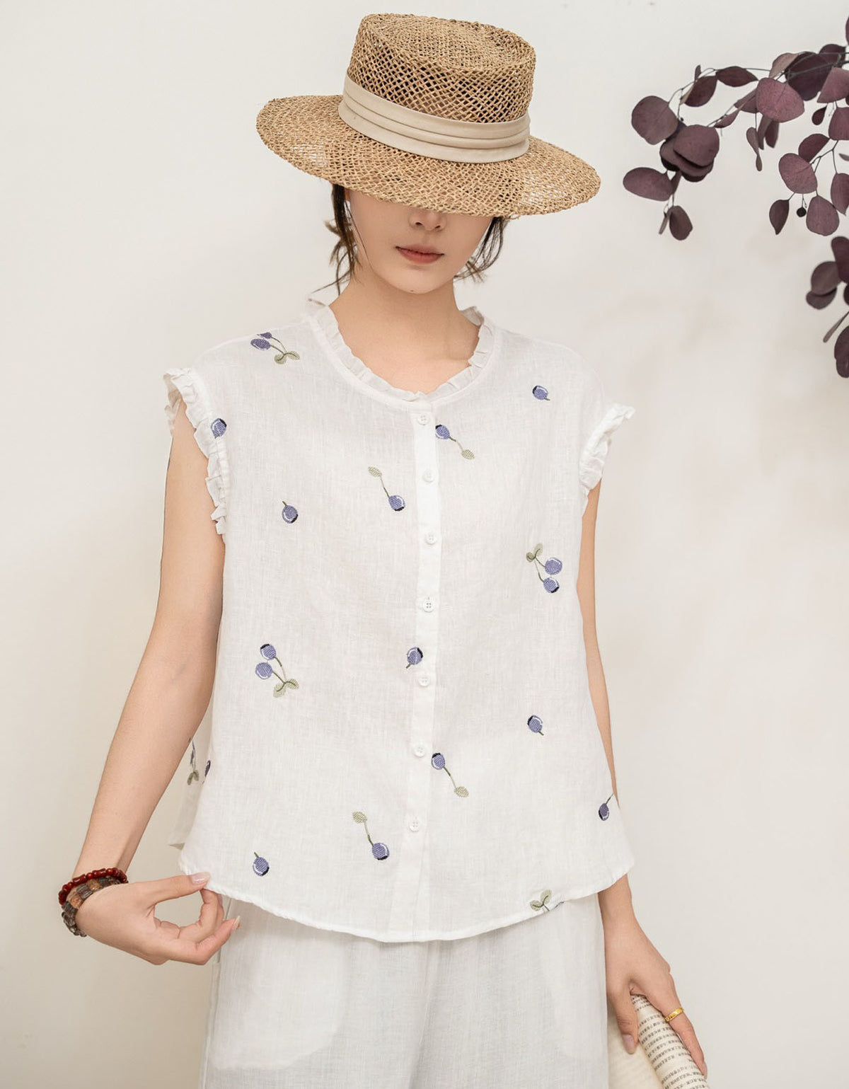 Women’s Pink Cotton Linen Top Ruffle Sleeve Embroidered