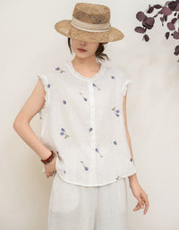 Women white cotton linen blouse floral embroidery detail