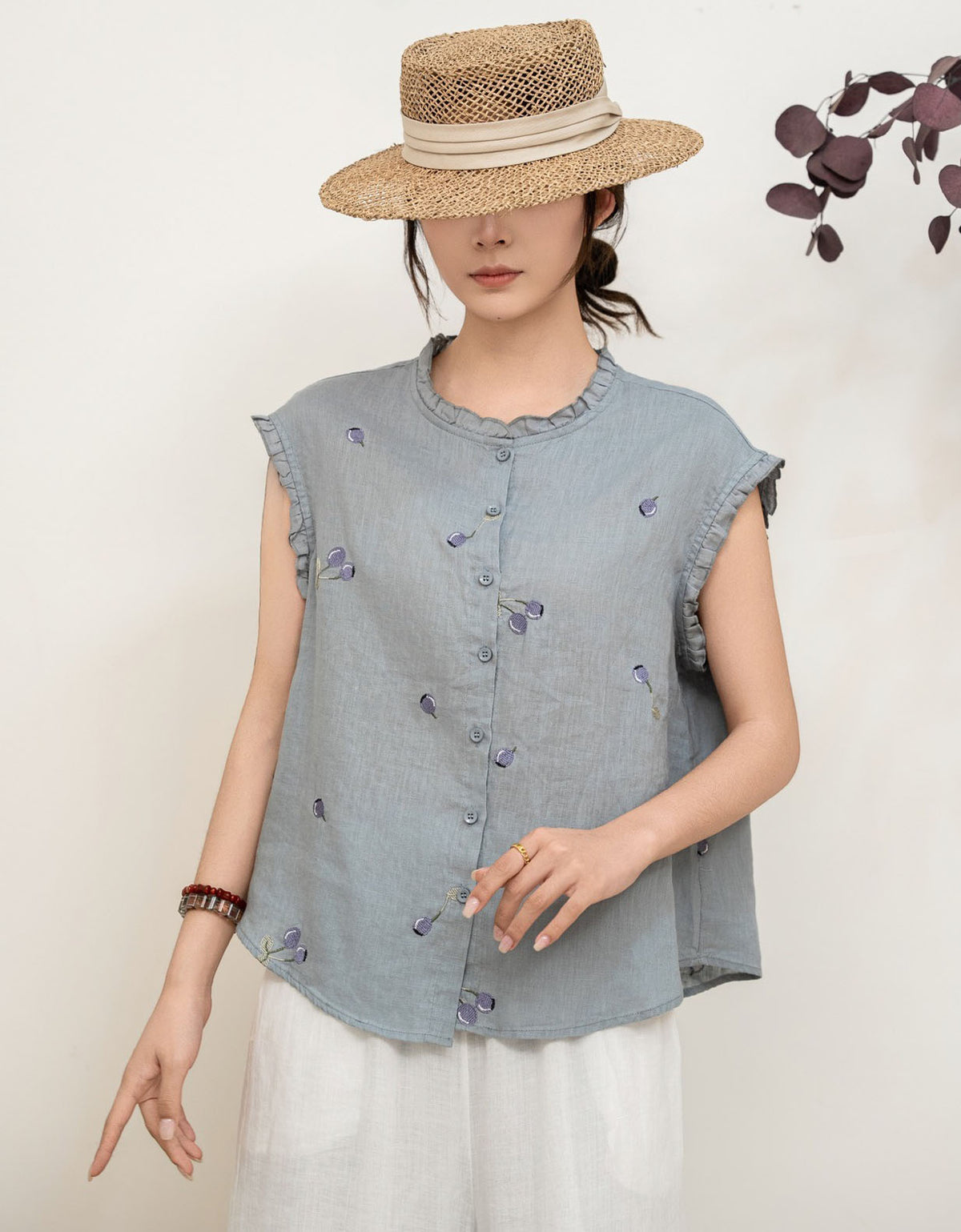 Pink Embroidered Sleeveless Blouse Ruffle Edge Linen Top
