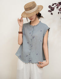 Summer Gray Sleeveless Linen Blouse Embroidered Detail