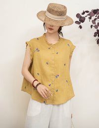 Summer Yellow Sleeveless Linen Blouse Embroidered Detail