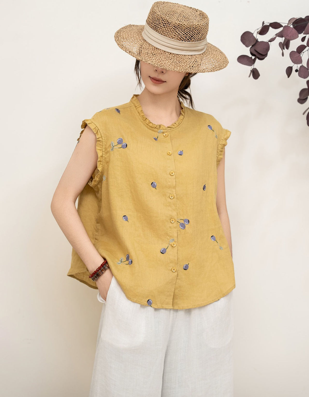 Casual Pink Linen Top Floral Embroidery Ruffle Sleeve