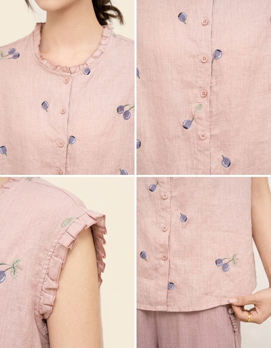 Close-Up of Summer Pink Sleeveless Linen Blouse Embroidered Detail