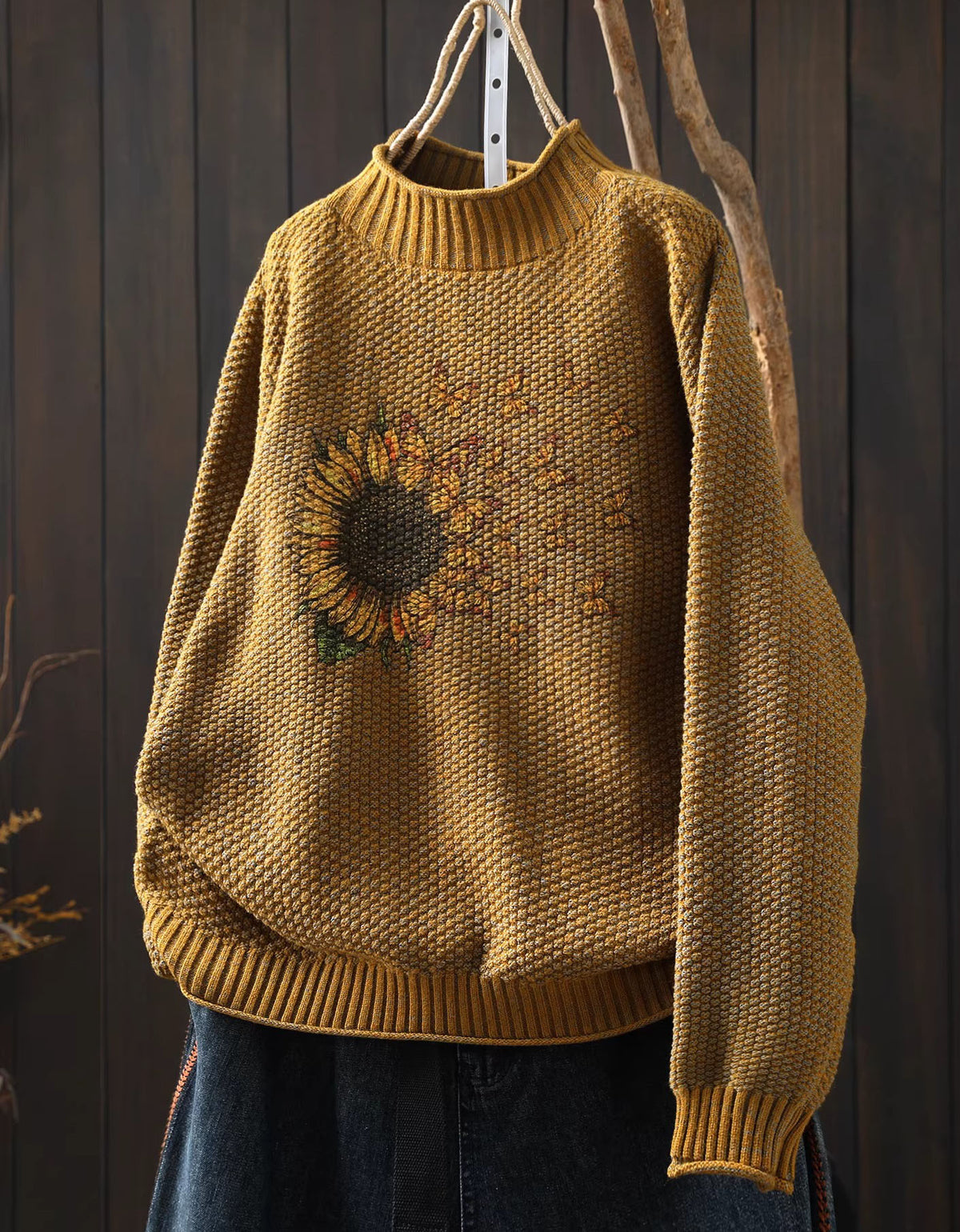 Womens mustard sunflower knit sweater full view