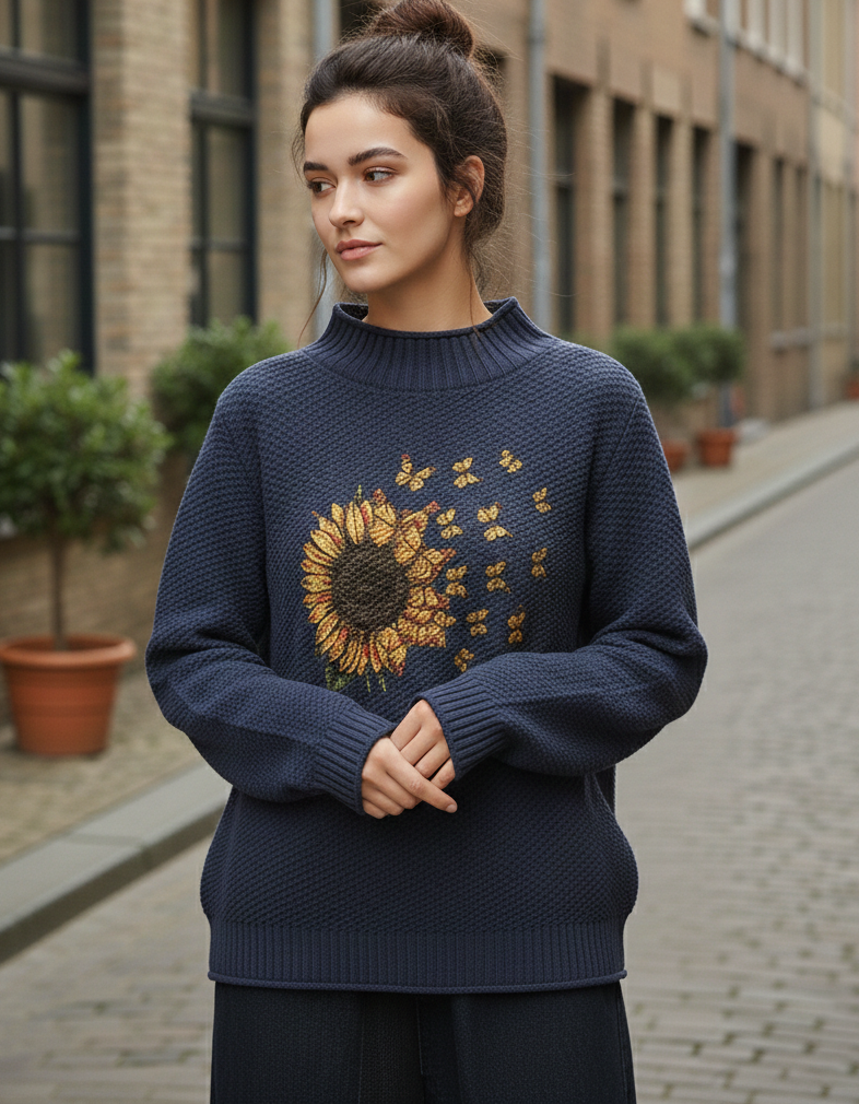 Relaxed fit sunflower knit sweater casual styling navy