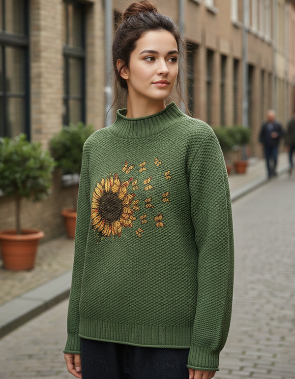 Relaxed fit sunflower knit sweater casual styling green