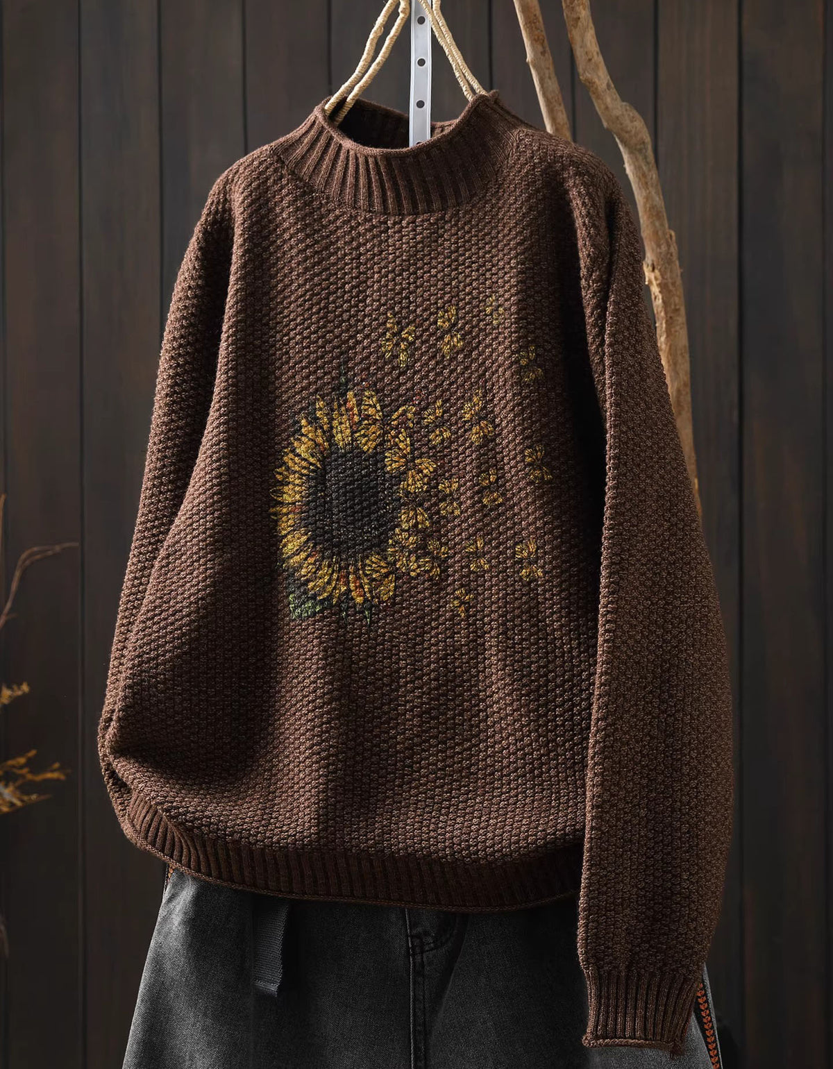 Cozy autumn sunflower knit pullover hanging display coffee
