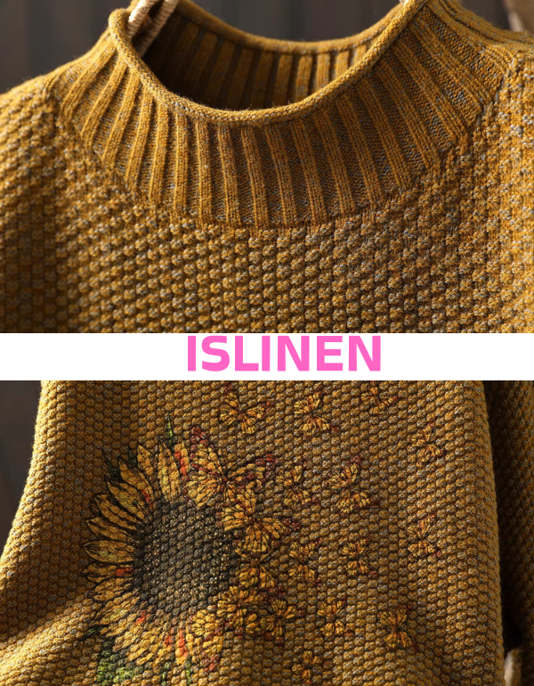 Vintage sunflower embroidered knit sweater texture detail close-up