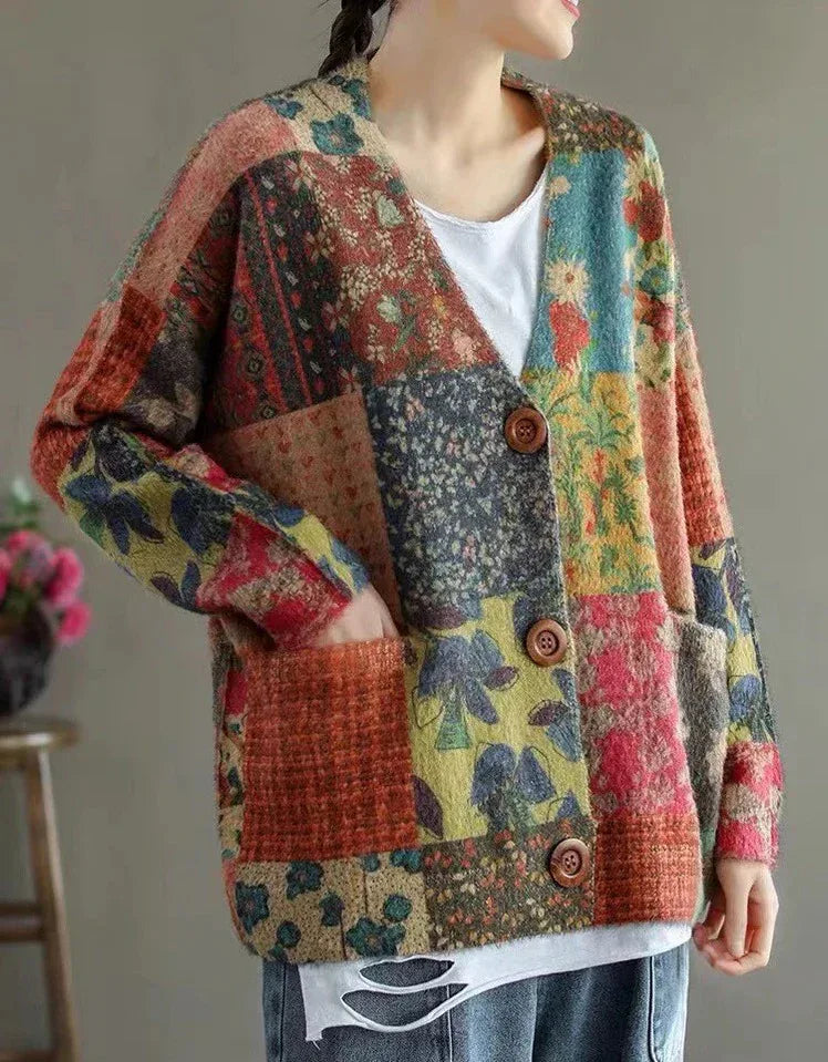 Vintage V-neck Floral Cotton Loose Knit Cardigan - Islinen