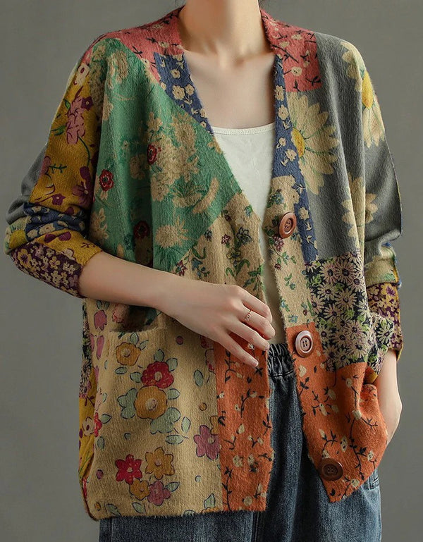 Vintage V-neck Floral Cotton Loose Knit Cardigan