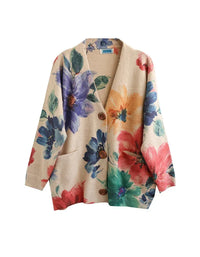 Vintage V-neck Floral Cotton Loose Knit Cardigan - Islinen