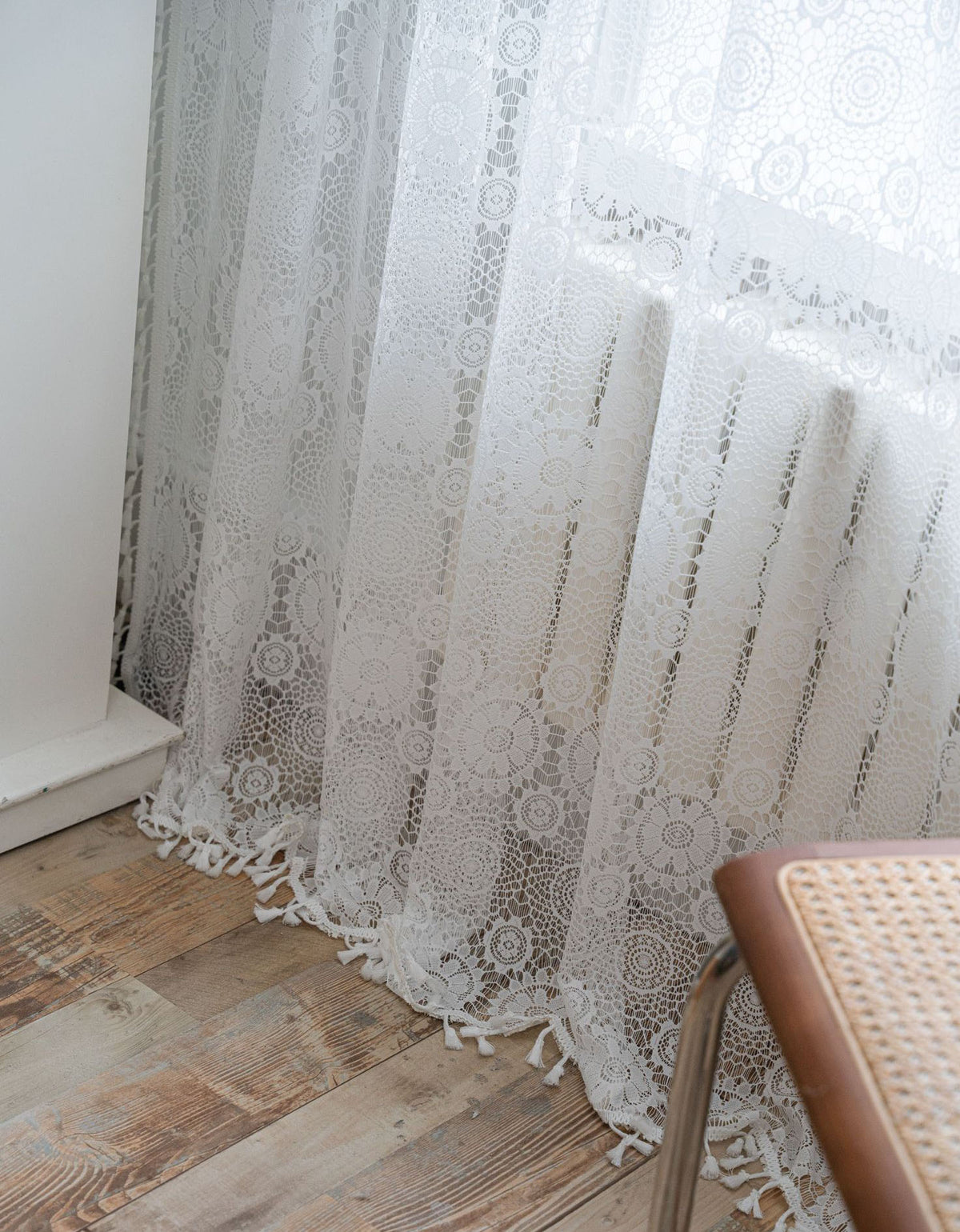 Vintage White Lace Curtain with Elegant Tassel Trim