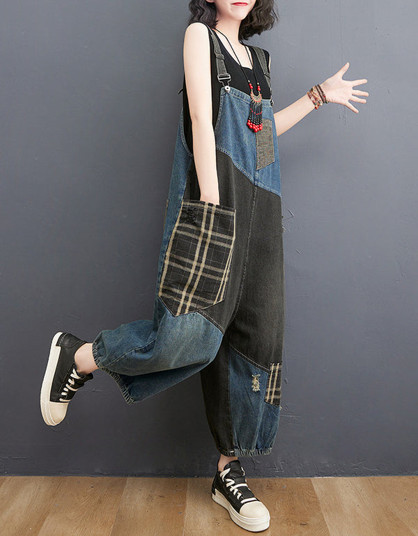 Vintage Wide Leg Patchwork Denim Jumpsuit