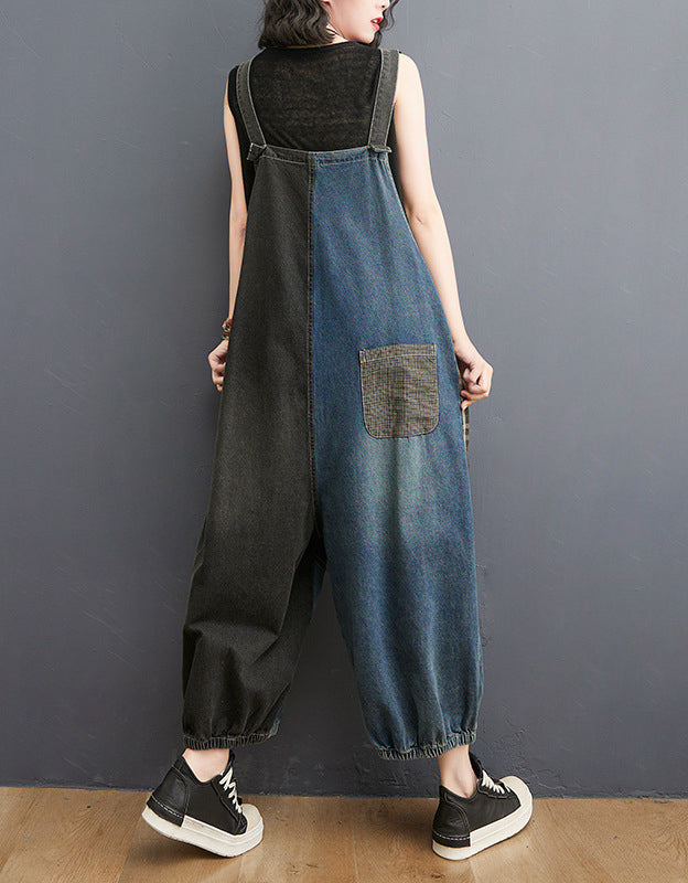 Vintage Wide Leg Patchwork Denim Jumpsuit