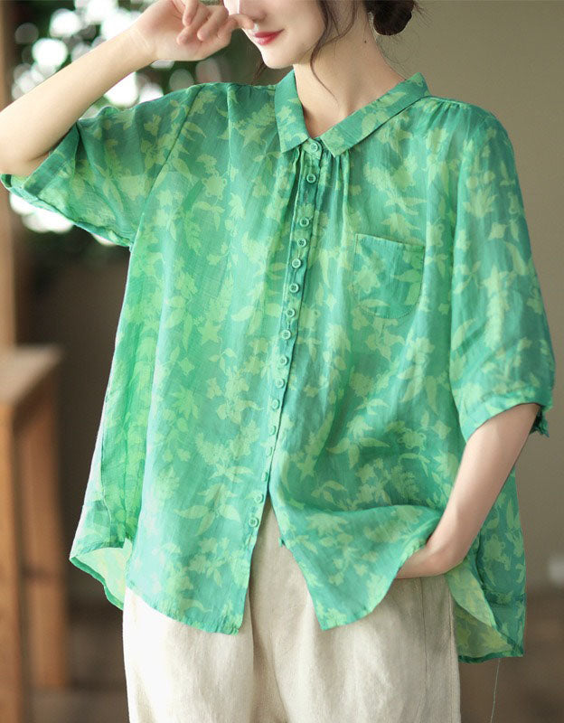 Vintage Floral Mid-Sleeve Loose Linen Shirt