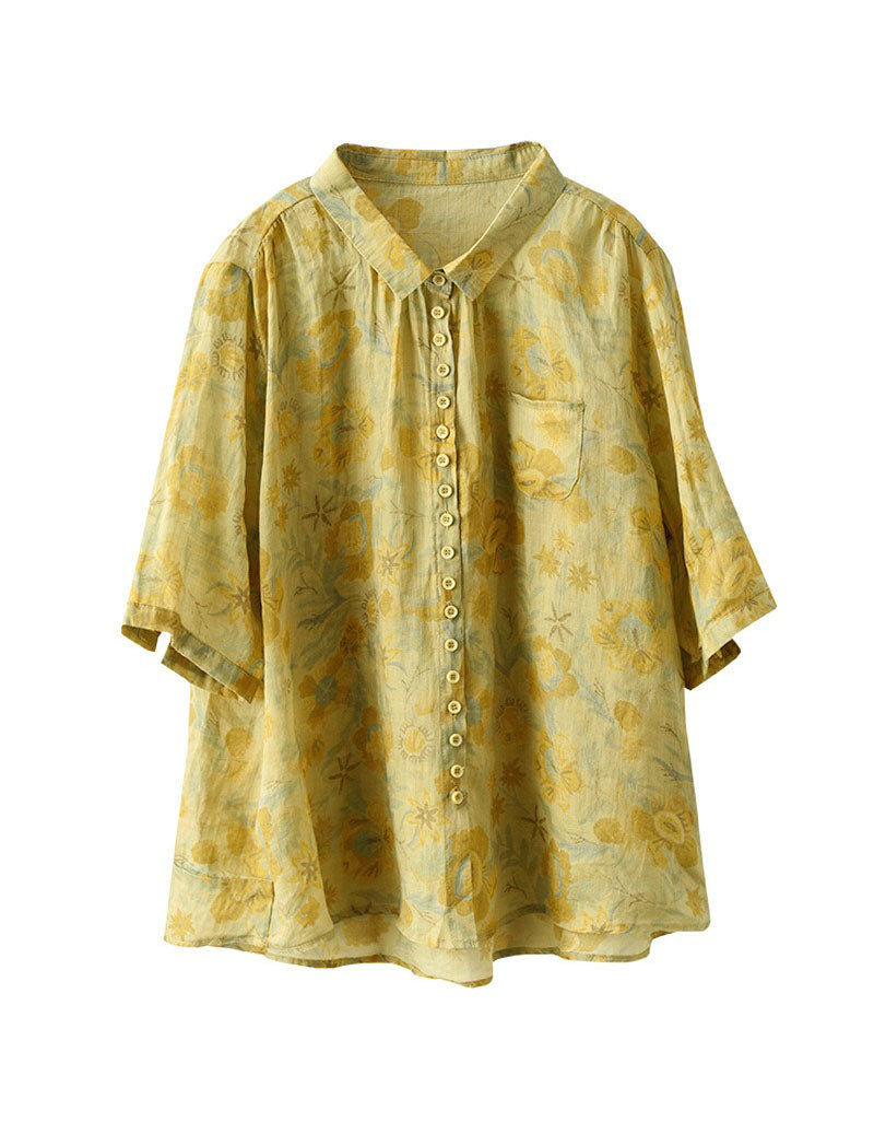 Vintage Floral Mid-Sleeve Loose Linen Shirt