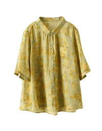 Vintage Floral Mid-Sleeve Loose Linen Shirt