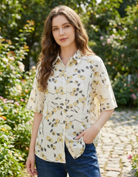Vintage Floral Print Short Sleeve Linen Shirt for Women