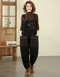 Women’s loose fit overall jumpsuit front view with pockets