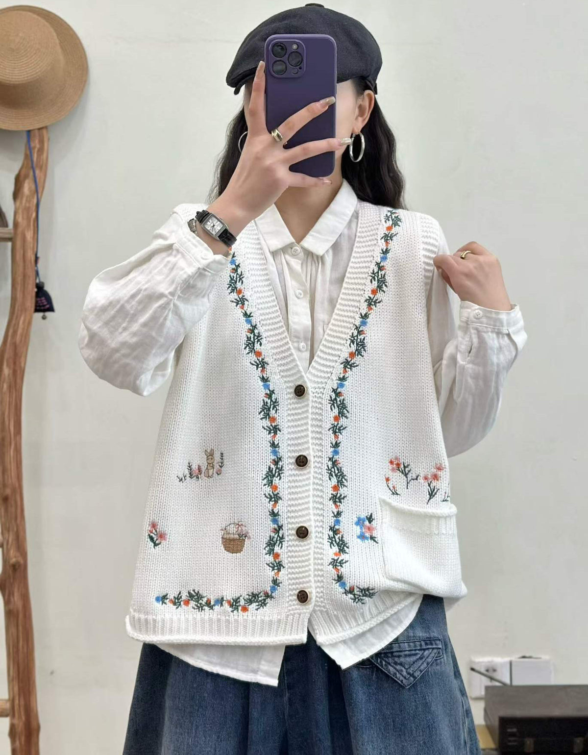 White Floral Embroidered Knit Vest for Women