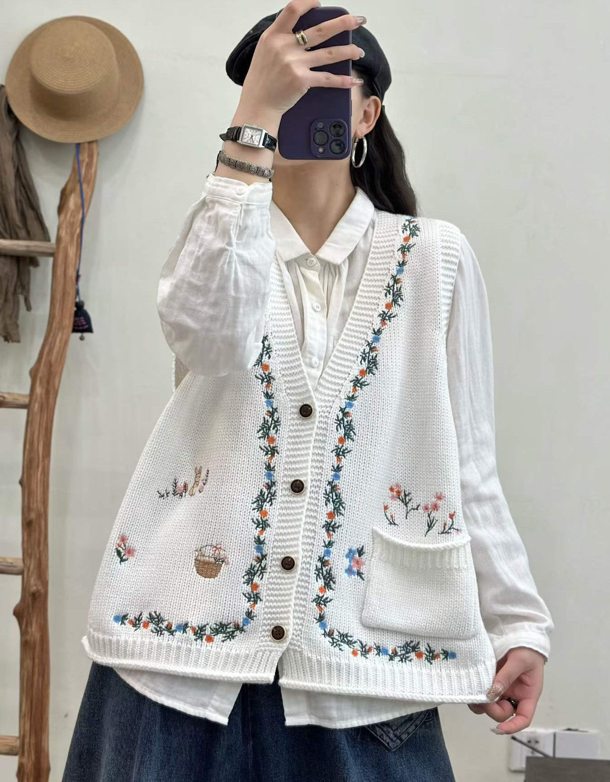 Women's White Embroidered Knit Waistcoat with Pockets