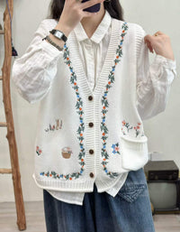 Floral Embroidered Button Front Knit Vest for Women