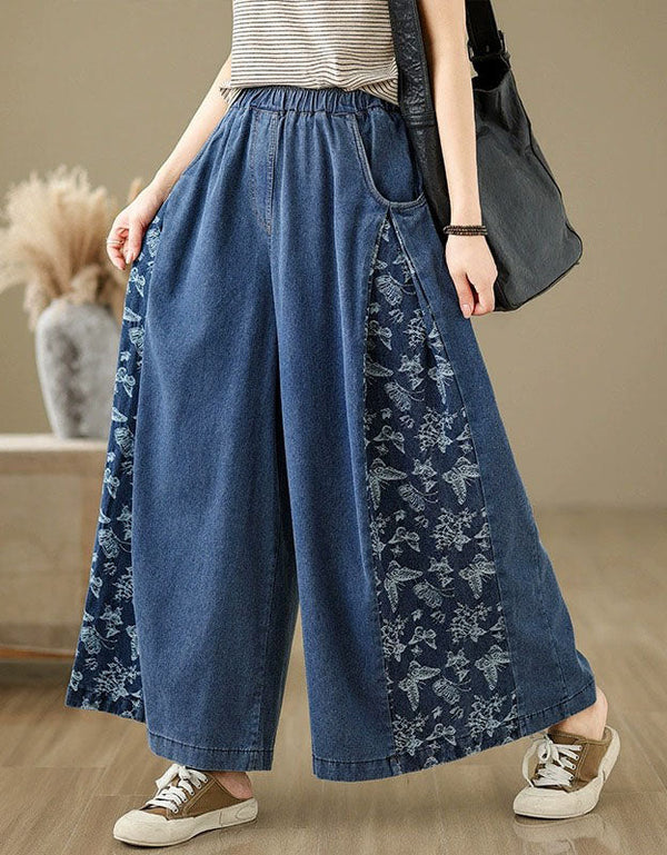 Women’s wide-leg denim pants with floral panel design and elastic waist, casual loose fit jeans