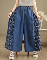 Loose fit wide-leg denim trousers with floral side panels, comfortable casual women’s pants