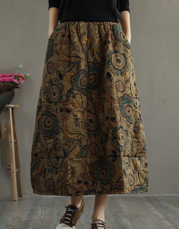Winter Autumn Ethnic Style Cotton Quilted Printed Skirt