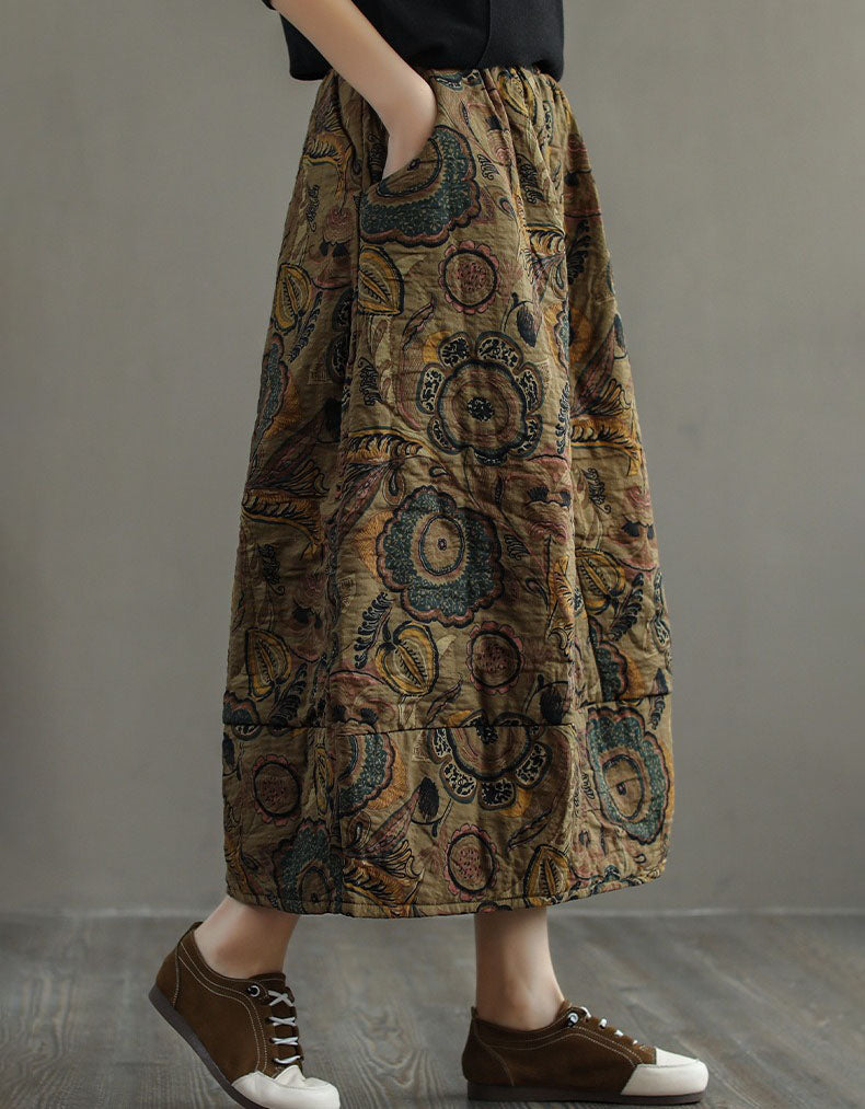 Winter Autumn Ethnic Style Cotton Quilted Printed Skirt