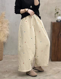 Winter Women Embroidered Loose Casual Nine-point Pants