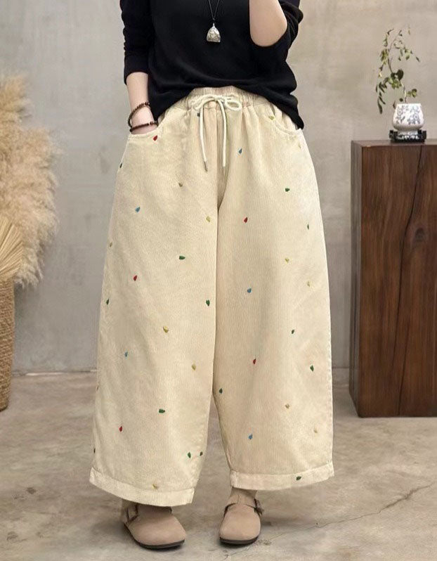 Winter Women Embroidered Loose Casual Nine-point Pants