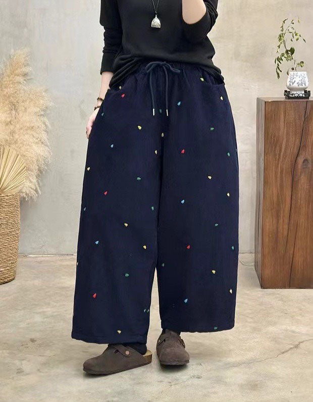 Winter Women Embroidered Loose Casual Nine-point Pants