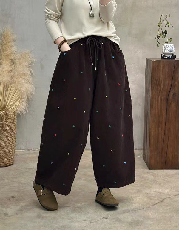 Winter Women Embroidered Loose Casual Nine-point Pants