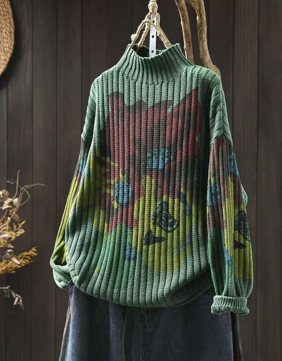 Winter Women Retro Floral Knit High Neck Sweater