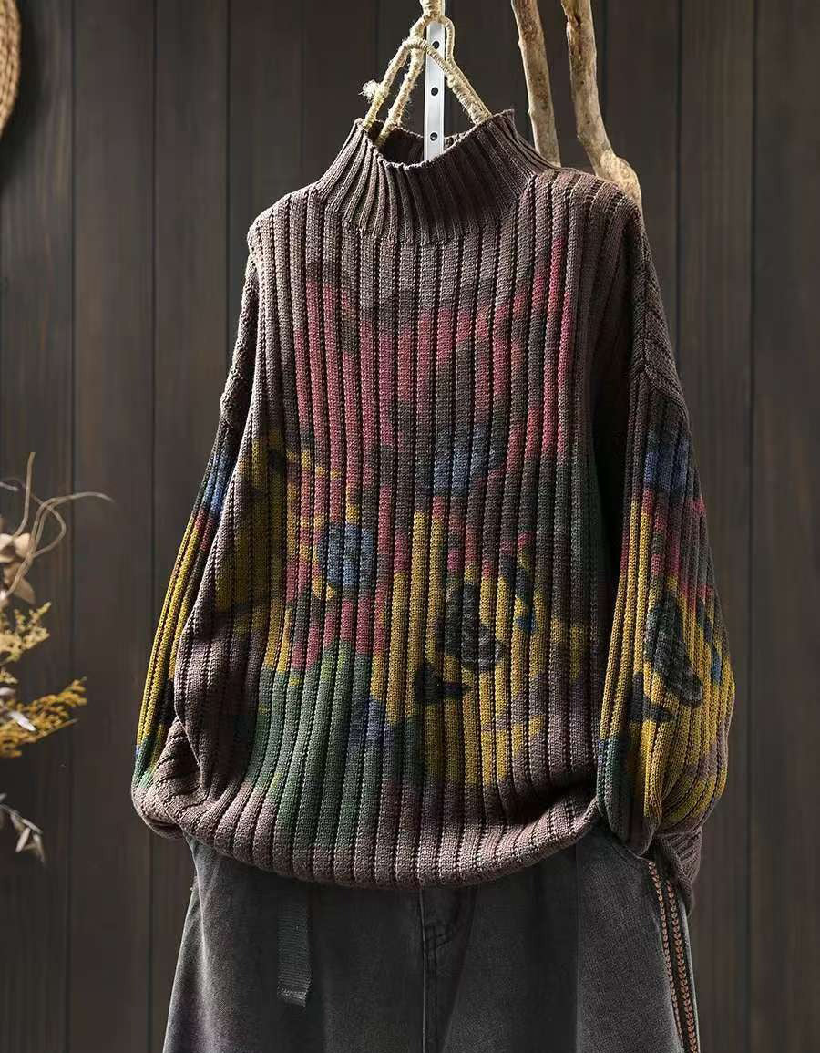 Winter Women Retro Floral Knit High Neck Sweater