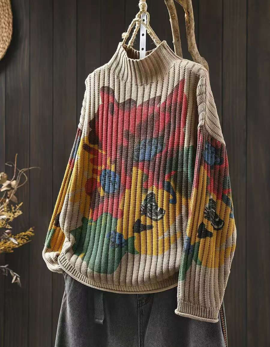 Winter Women Retro Floral Knit High Neck Sweater