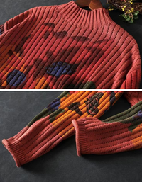 Winter Women Retro Floral Knit High Neck Sweater