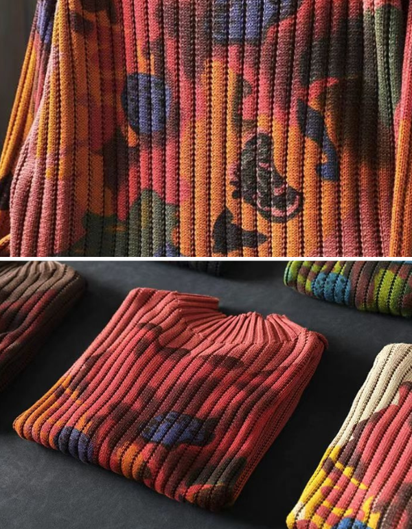 Winter Women Retro Floral Knit High Neck Sweater